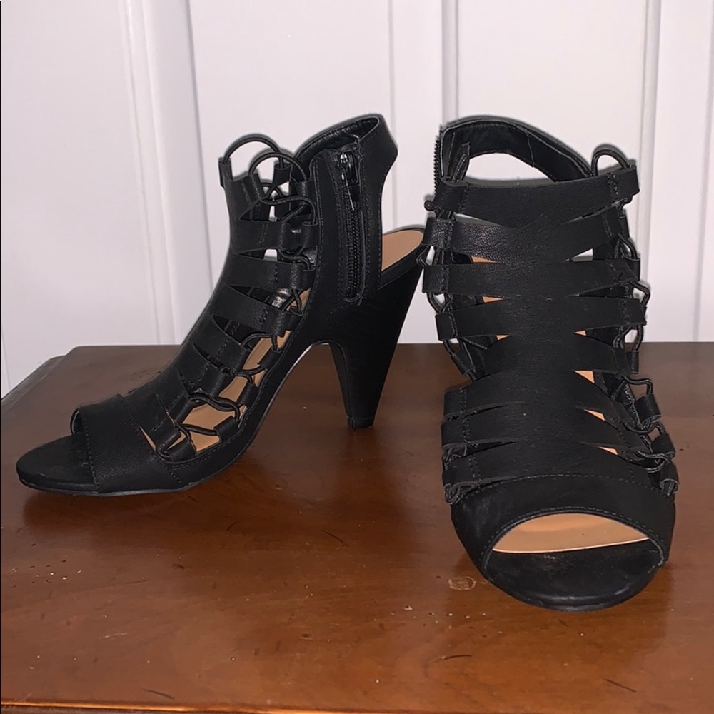 Black Strappy Open Toe Faux Leather Heels